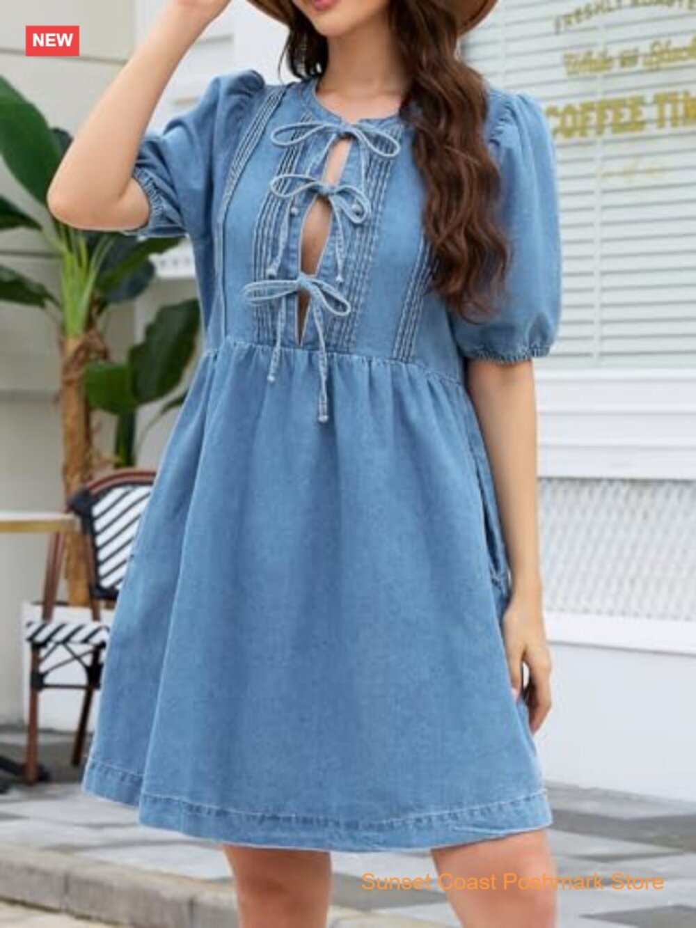 Babydoll Denim Dress Puff Short Sleeve Jean Romper Bow Tie Neckline Mini - Picture 3 of 7